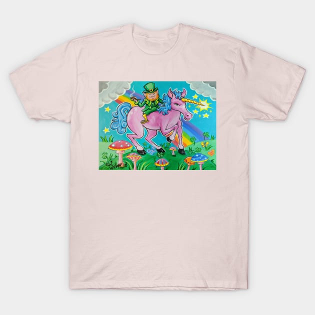 Leprechaun rides Unicorn T-Shirt by eliwolff